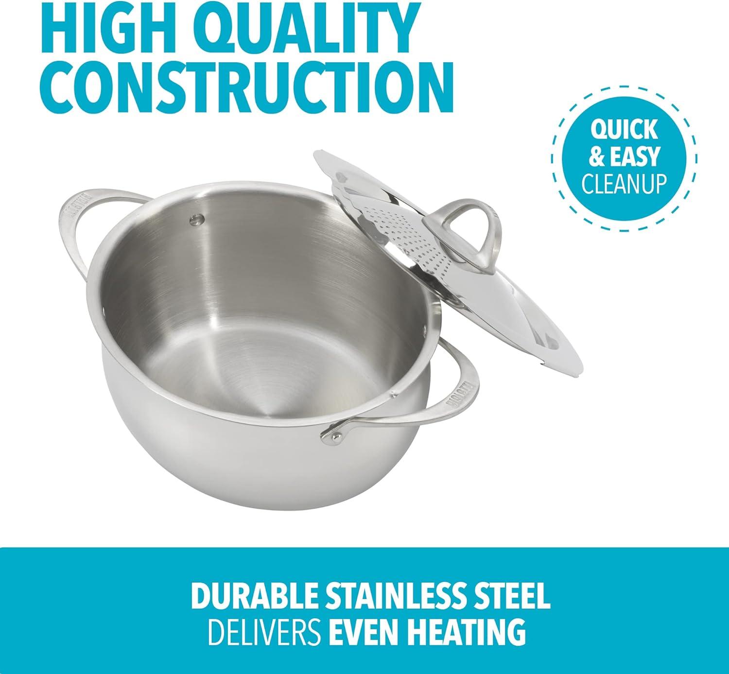 Bialetti 6 Quart Nonstick Oval Pasta Pot with Strainer Lid, Stainless-Steel