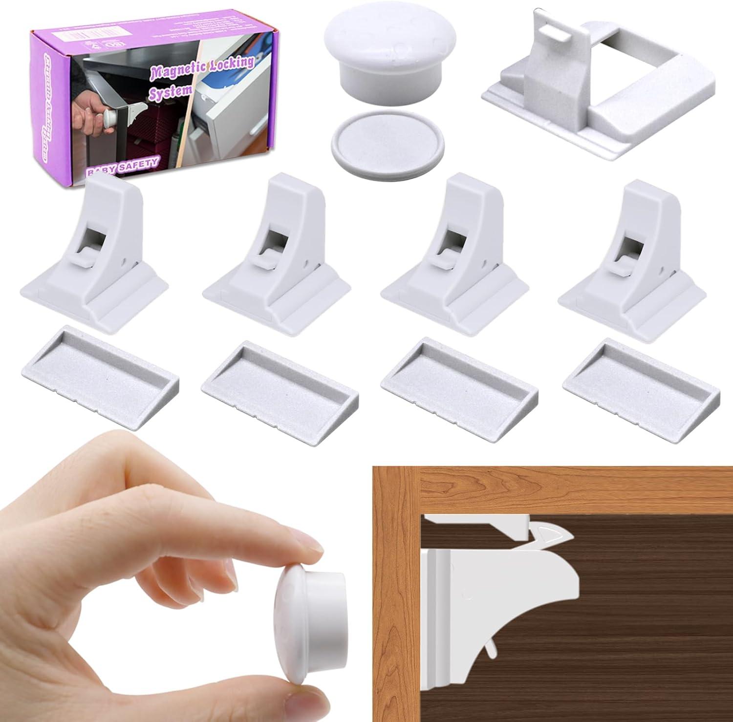 Qaailabf 4-Pack Invisible Magnetic Baby Safety Locks for Cabinets & Drawers - Easy Install, No Drill, Childproof Locking System with 1 Key - Furniture Safe, Adhesive Mount, Fits Surfaces up to 1.4"