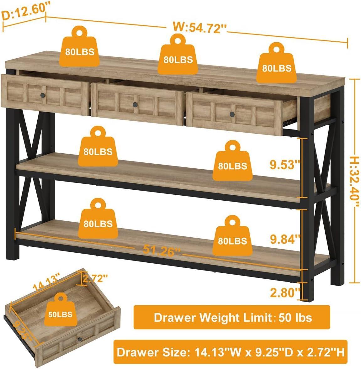 Industrial Rustic Oak Wood and Metal Console Table with Storage