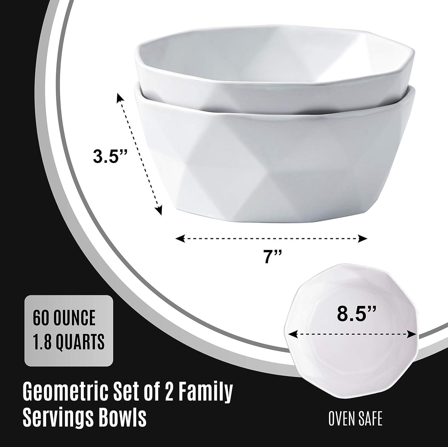 Bruntmor 60 Oz Geometric Ceramic Soup Bowl, Set of 2 White