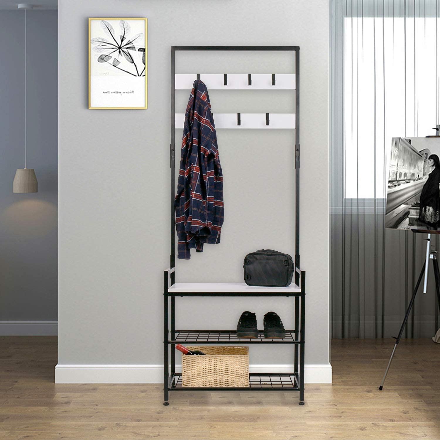 HOMEKOKO Coat Rack Shoe Bench, Hall Tree Entryway Storage Bench, Wood Look Accent Furniture with Metal Frame, 3-in-1 Design
