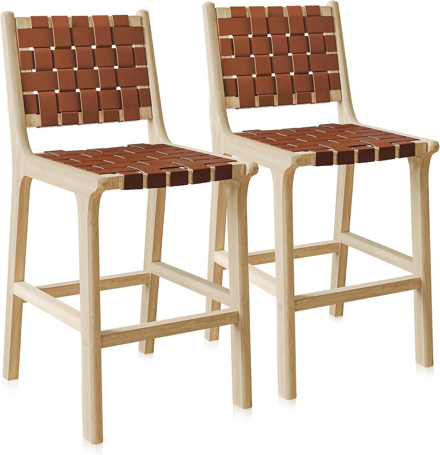 Morgan Brown Woven Faux Leather Counter Stools with Wood Frame, Set of 2