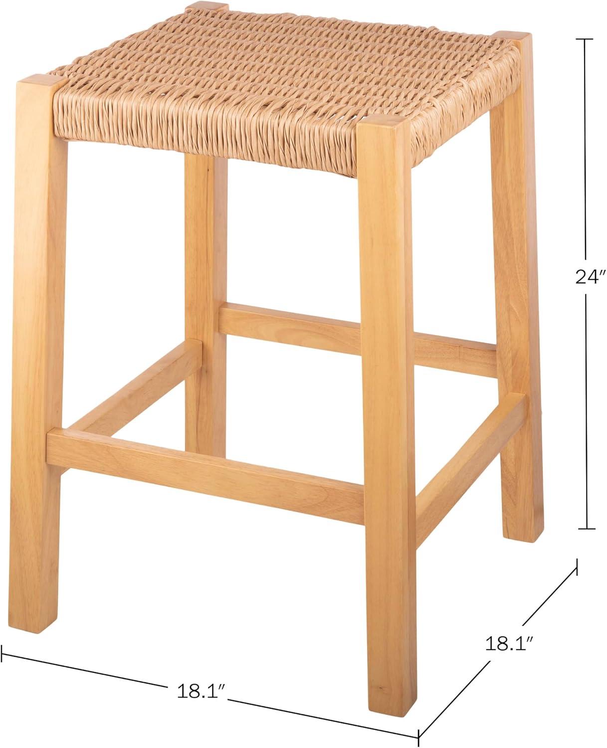 Natural Wood Backless Counter Stool with Woven Seagrass Seat