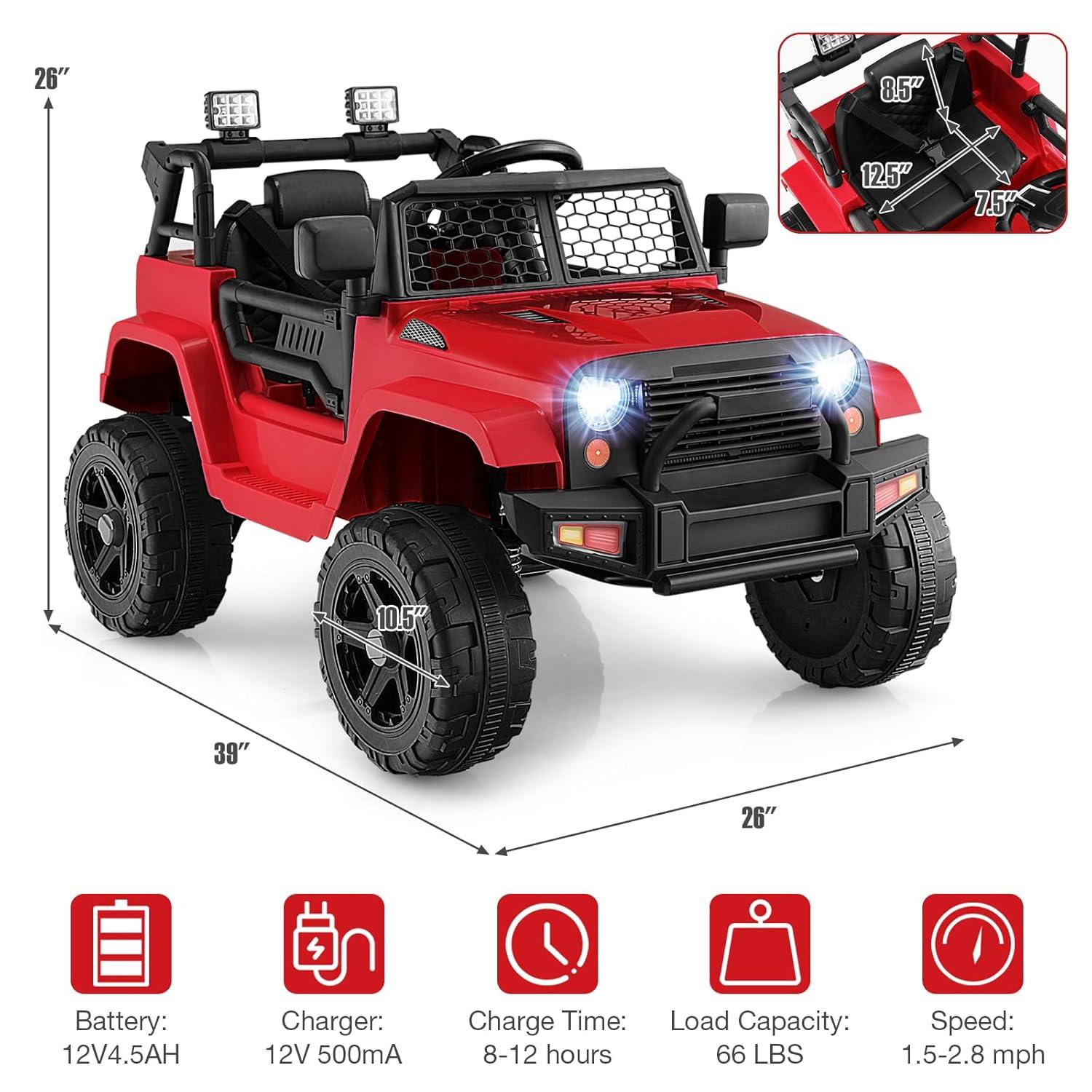 HONEY JOY Ride On Truck, 12V Battery Powered Vehicle Ride On Car with Remote Control, Spring Suspension, Headlights, Music, Mesh Windshield, Electric Cars for Kids, Gift for Boys Girls 3+(Red)