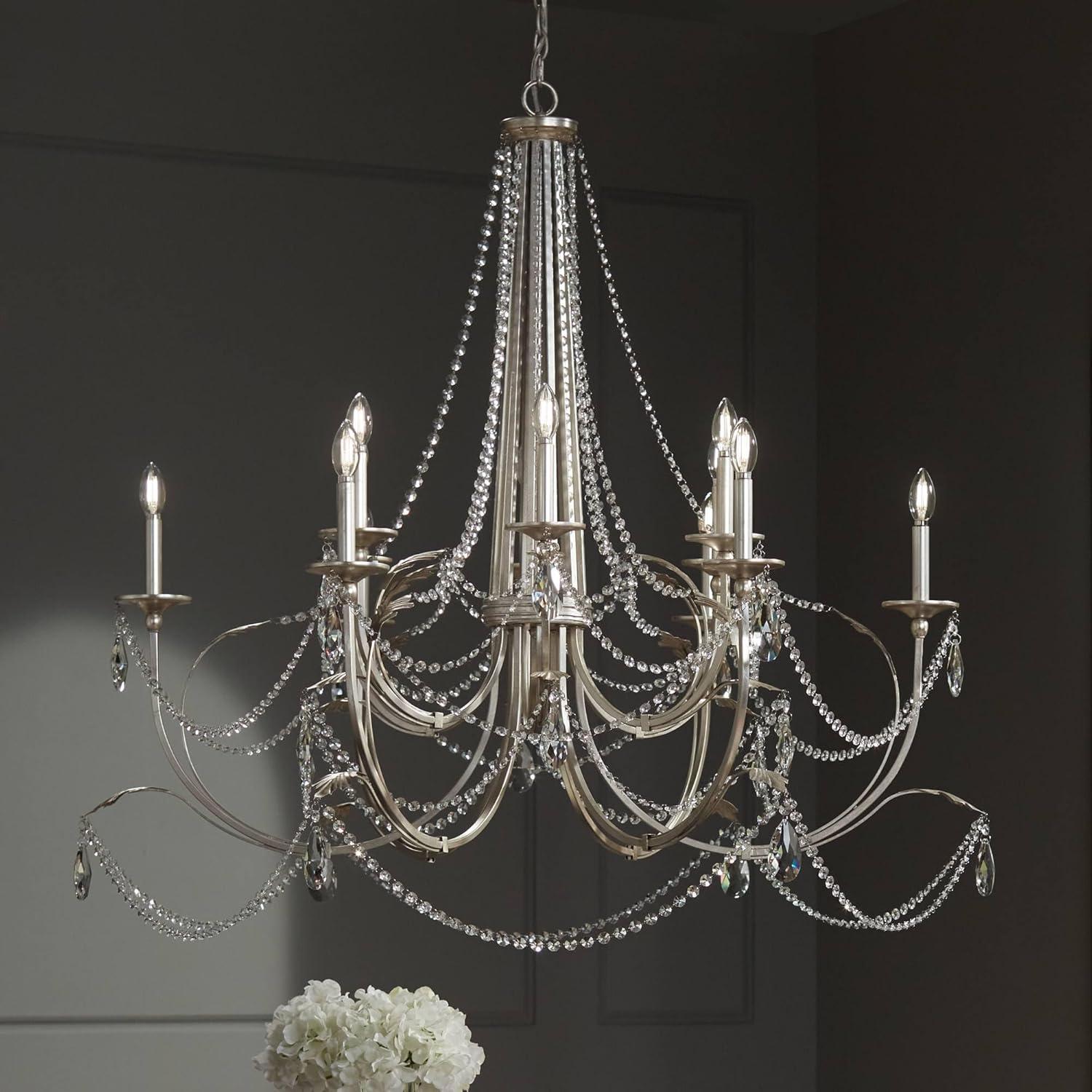 Regency Hill Strand Silver Leaf Chandelier 46" Wide French Beaded Crystal 12-Light Fixture for Dining Room House Foyer Kitchen Island Entryway Bedroom