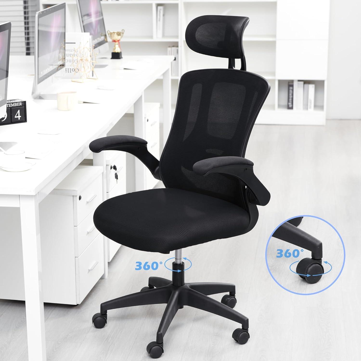 PrimeZone Ergonomic Office Desk Chair - Comfy Mesh Computer Chair with Flip-up Arms & Lumbar Support & Headrest & Tilt Function, Big and Tall High Back Chair for Home Office, 300 lbs Capacity, Black