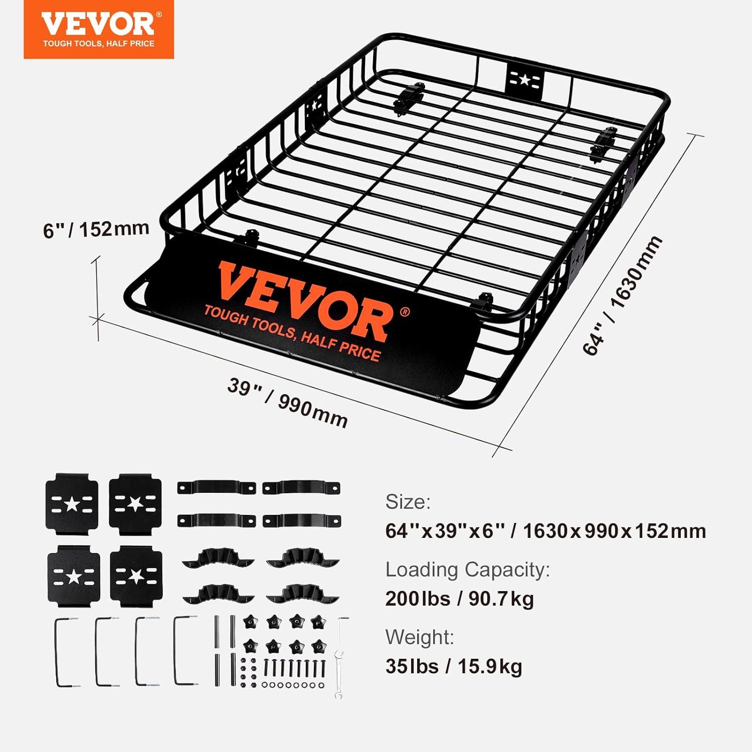 VEVOR Roof Rack Cargo Basket, 64" x 39" x 6" Rooftop Cargo Carrier with Extension, Heavy-Duty Steel 200 LBS Capacity Universal Roof Rack Basket, Luggage Holder for SUV, Truck