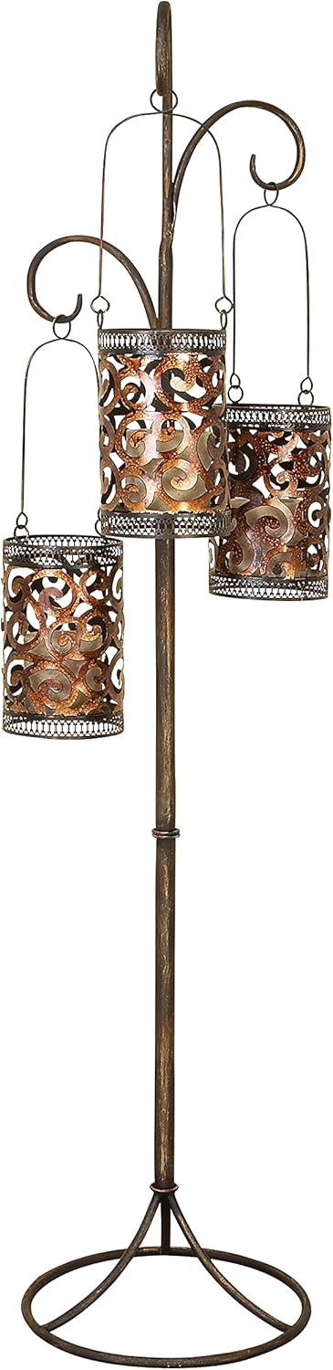 DecMode 3 Holder Brass Metal Scroll Perforated Moroccan Standing Floor Candle Lantern with 3 Suspended Holders