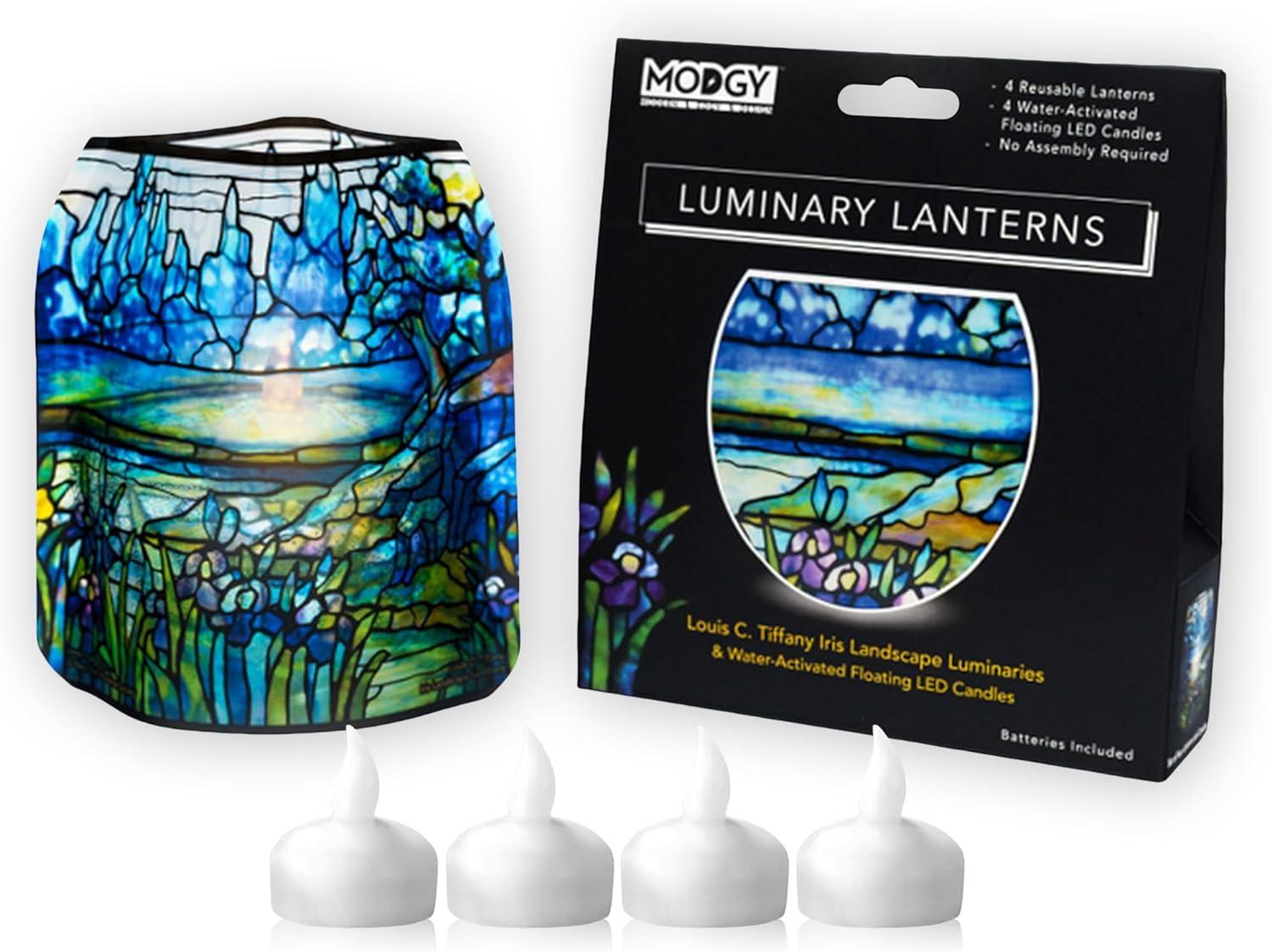 Blue Tiffany Iris Landscape LED Flameless Floating Lantern Set