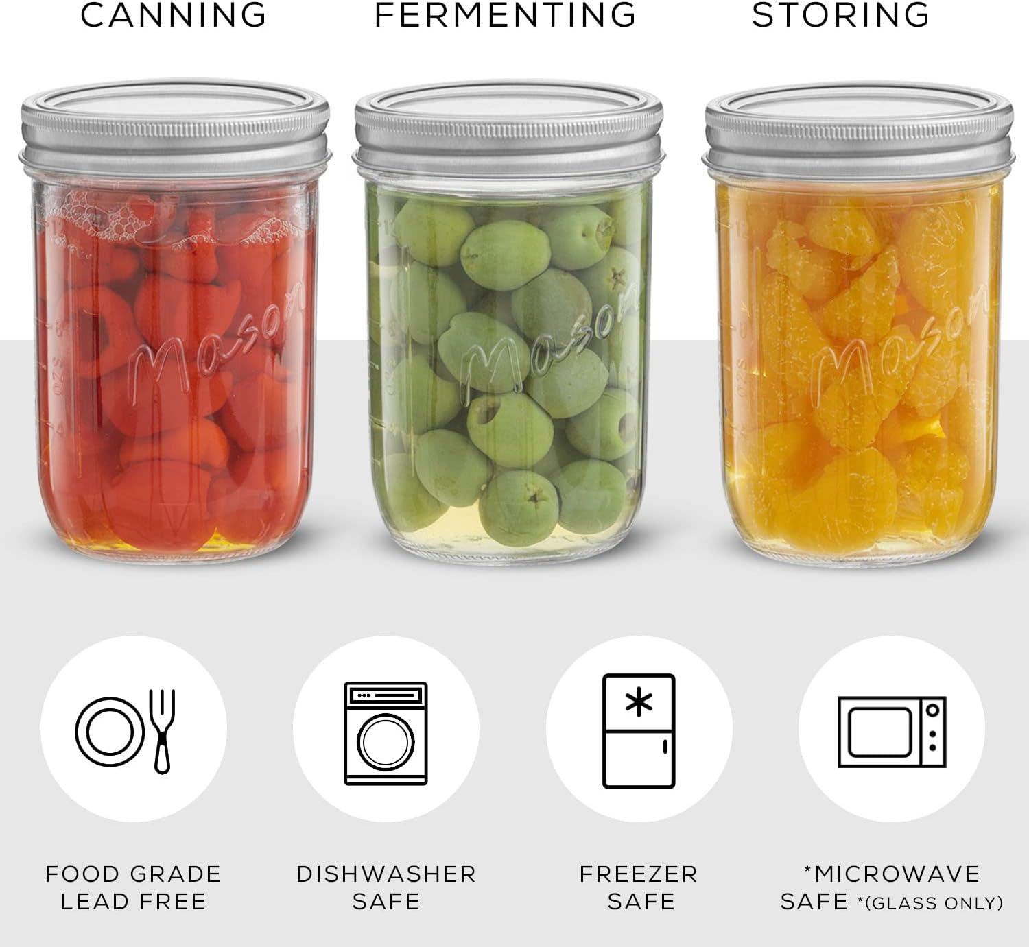JoyJolt Wide Mason Jars with Airtight Lids, Labels and Measures - 16 oz - Set of 6