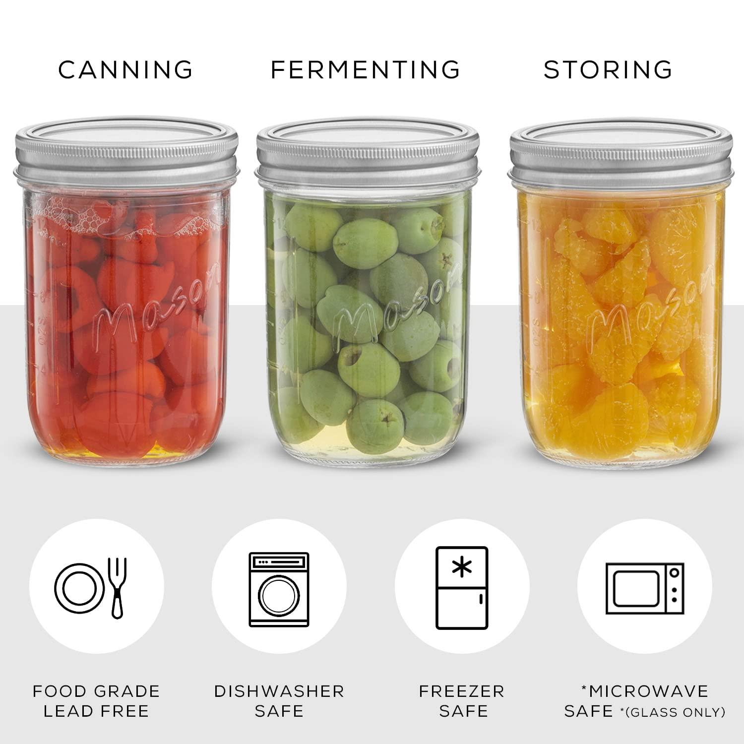 JoyJolt Wide Mason Jars with Airtight Lids, Labels and Measures - 16 oz - Set of 6