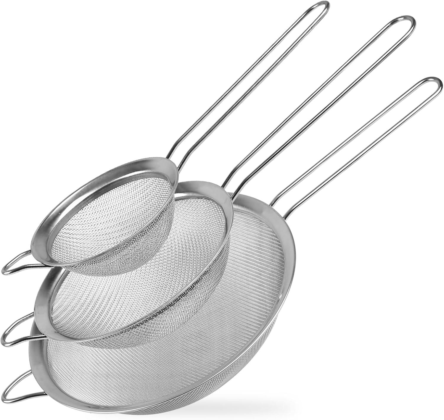 Stainless Steel Fine Mesh Strainers Set with Long Handles, 3 Sizes