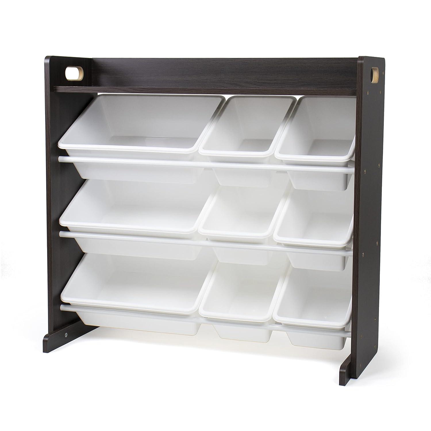 Humble Crew Espresso Toy Storage Organizer with Shelf and 9 Plastic Storage Bins, Espresso/White