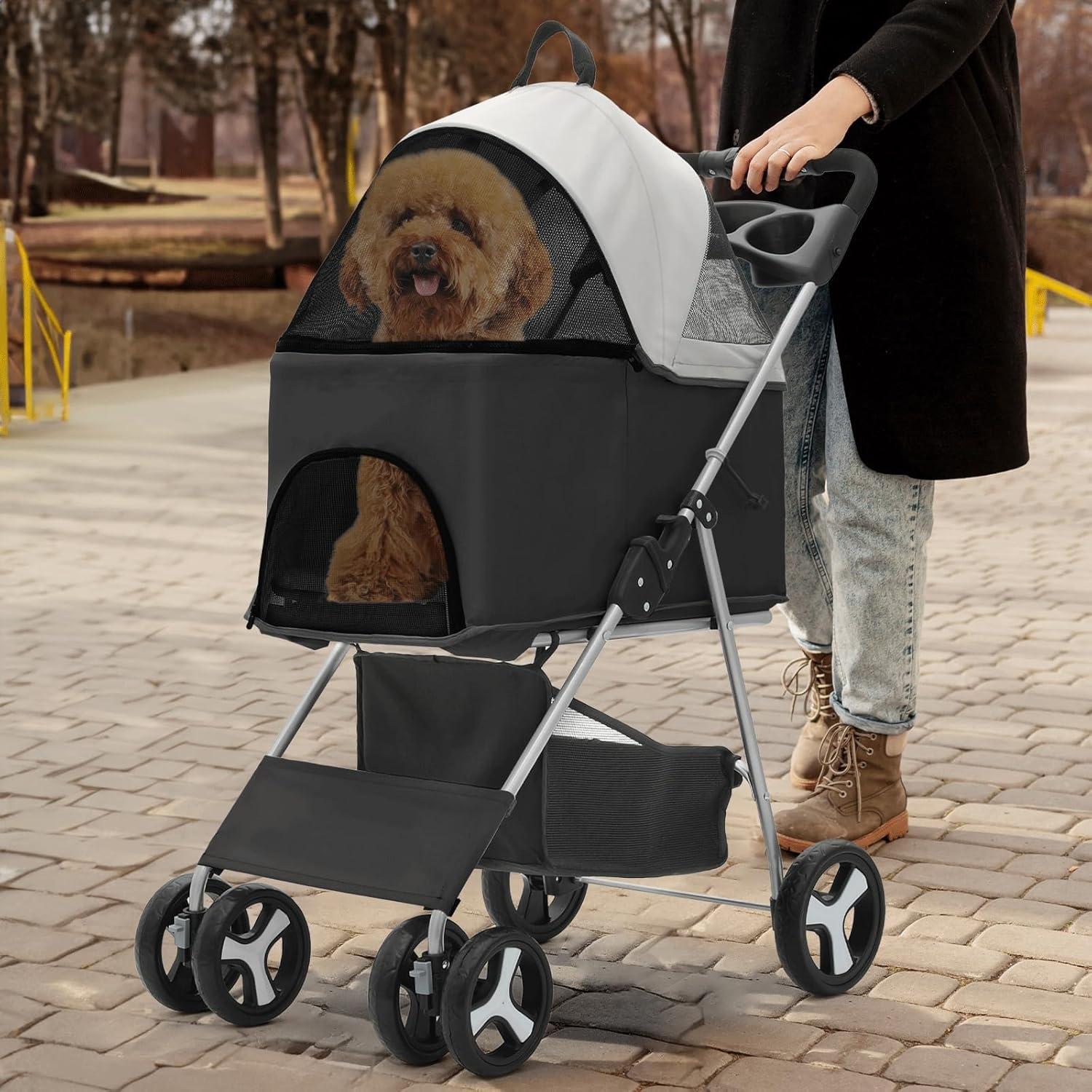 MoNiBloom Folding Pet Stroller, Foldable Dog Jogger Stroller with Detachable Carrier, Basket and Cup Holder