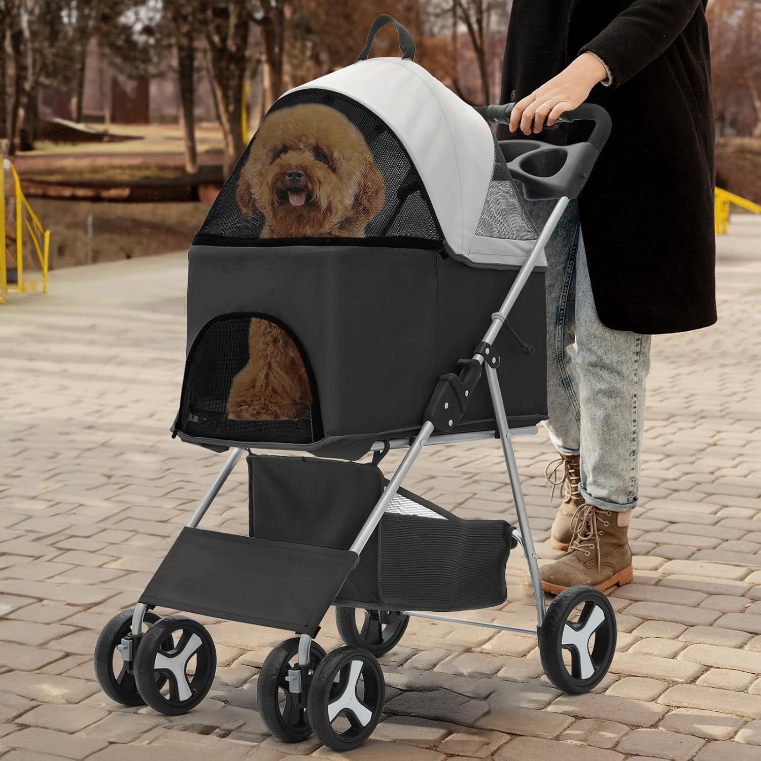 MoNiBloom 4 Wheel Foldable Dog Pet Stroller with Detachable Storage Basket, Black