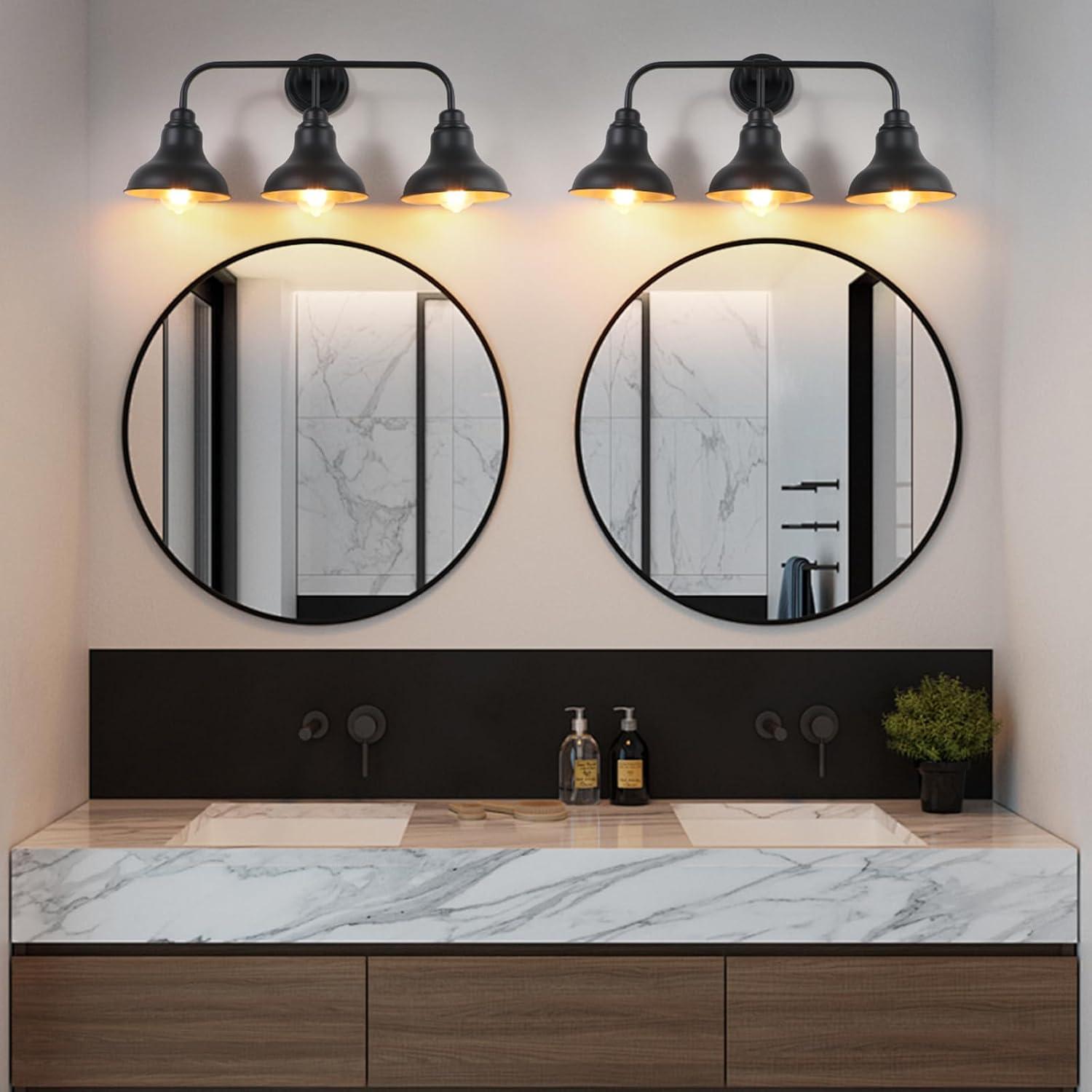 Farmhouse 25.25 in. 3-Light Black Vanity Light with Black Metal Shades