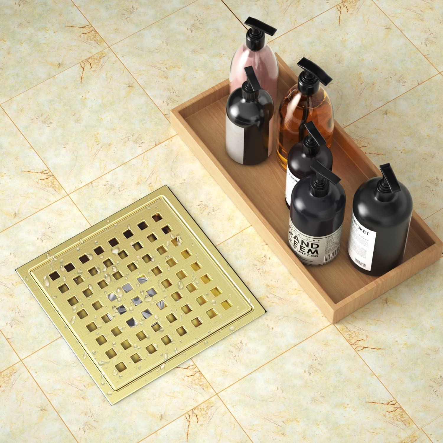 6-Inch Brushed Gold Stainless Steel Square Shower Drain