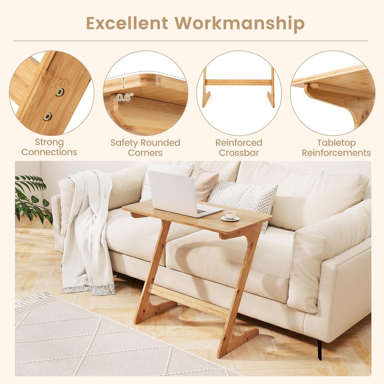 Costway 2 PCS Bamboo Sofa Side Table Z-Shaped Spacious Tabletop Space-Saving TV Snack Tray Natural