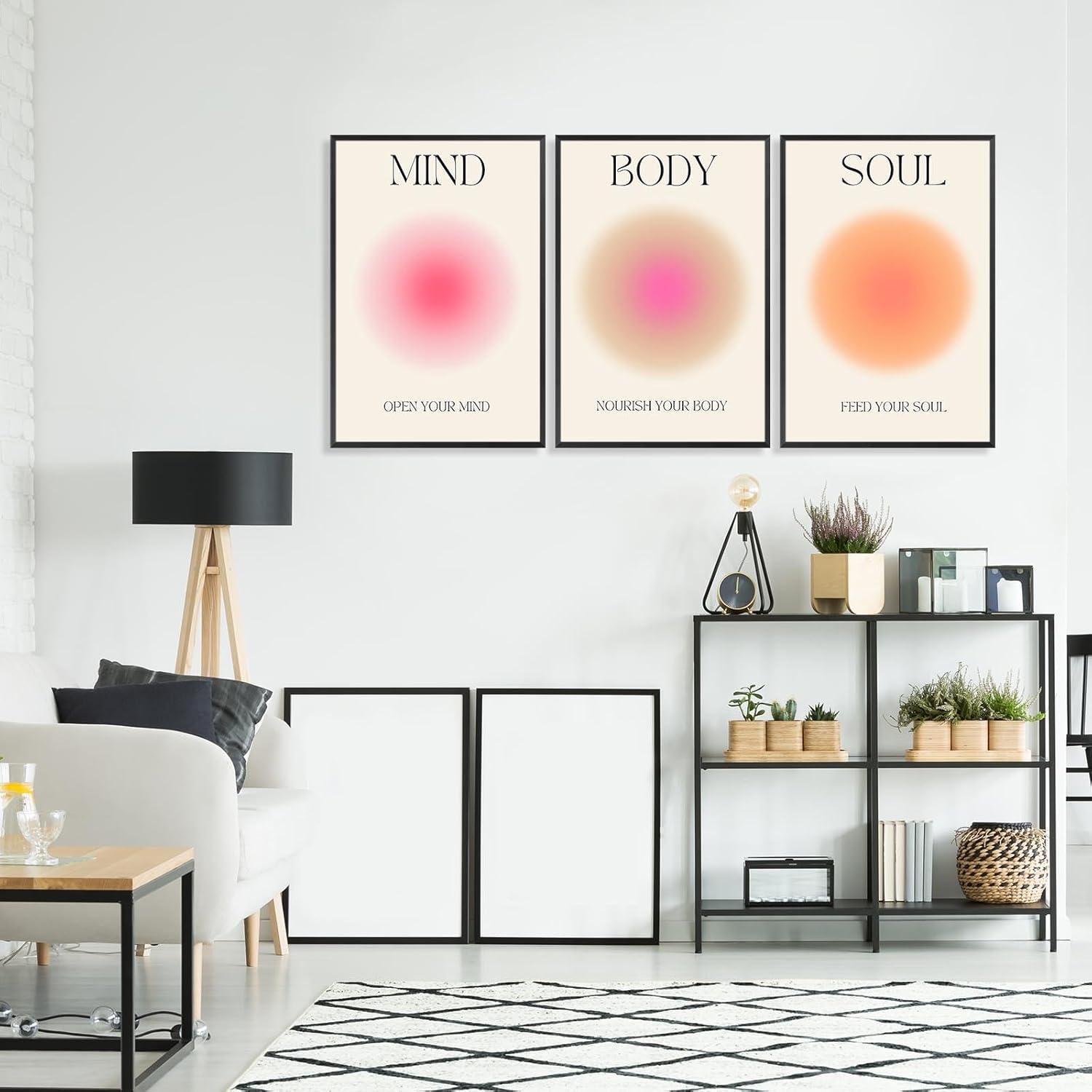 Asdg12s-Positive Aura Posters for Room Aesthetic 3 Piece Colorful Aura Grainy Gradient Canvas Wall Art Spiritual Soul Body Mind Quote Print Painting Danish Pastel Home Wall Decor for Bedroom