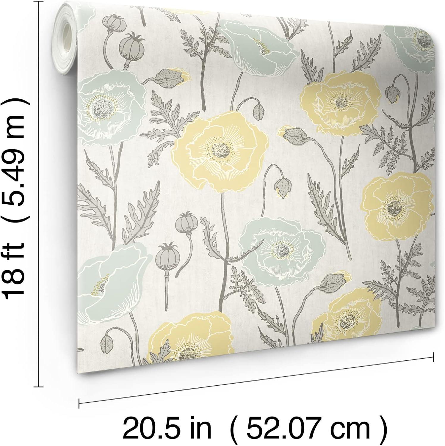 Aqua and Yellow Poppy Field Peel and Stick Wallpaper