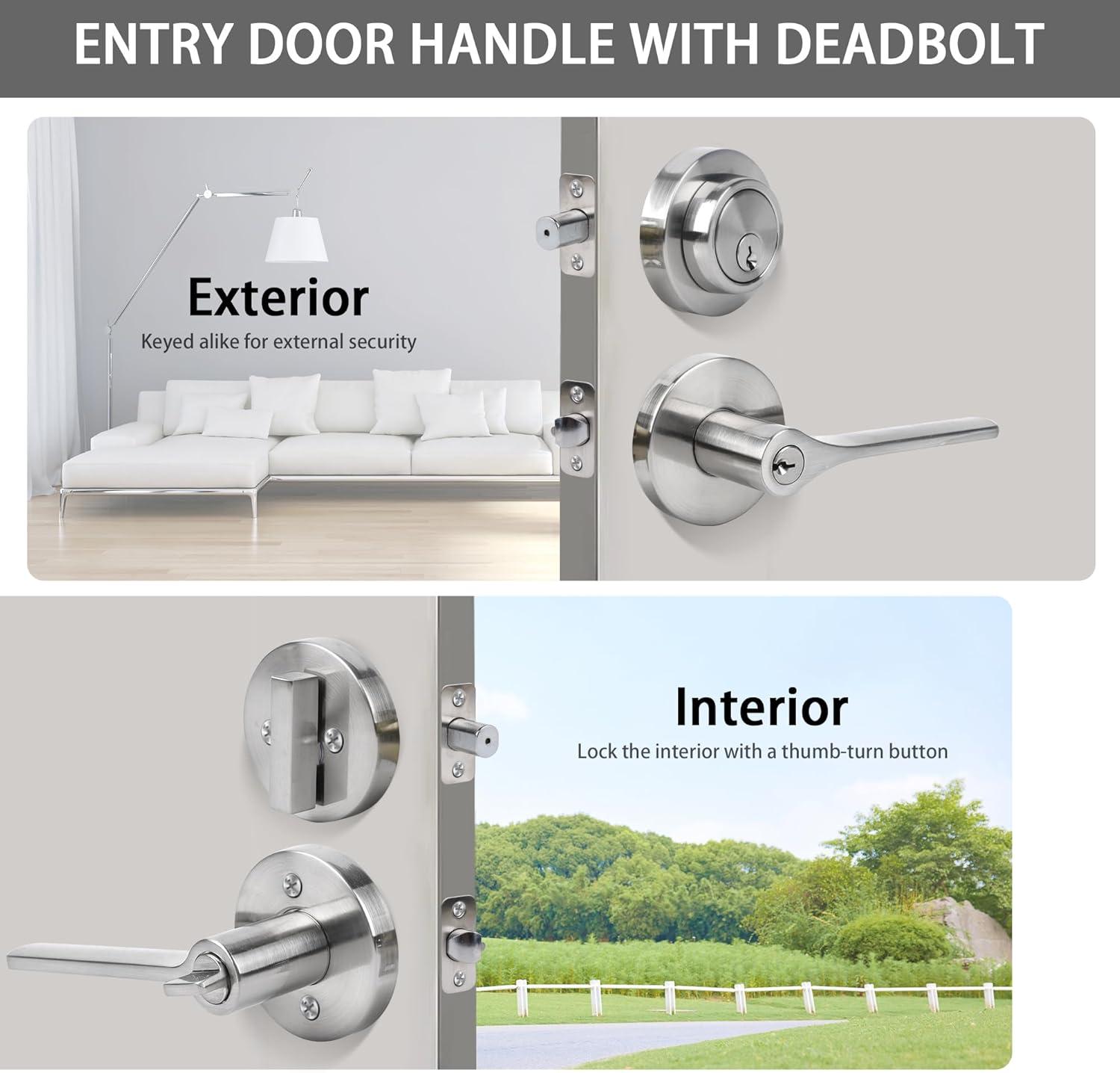 Brushed Nickel Round Stainless Steel Entry Knob and Deadbolt Set