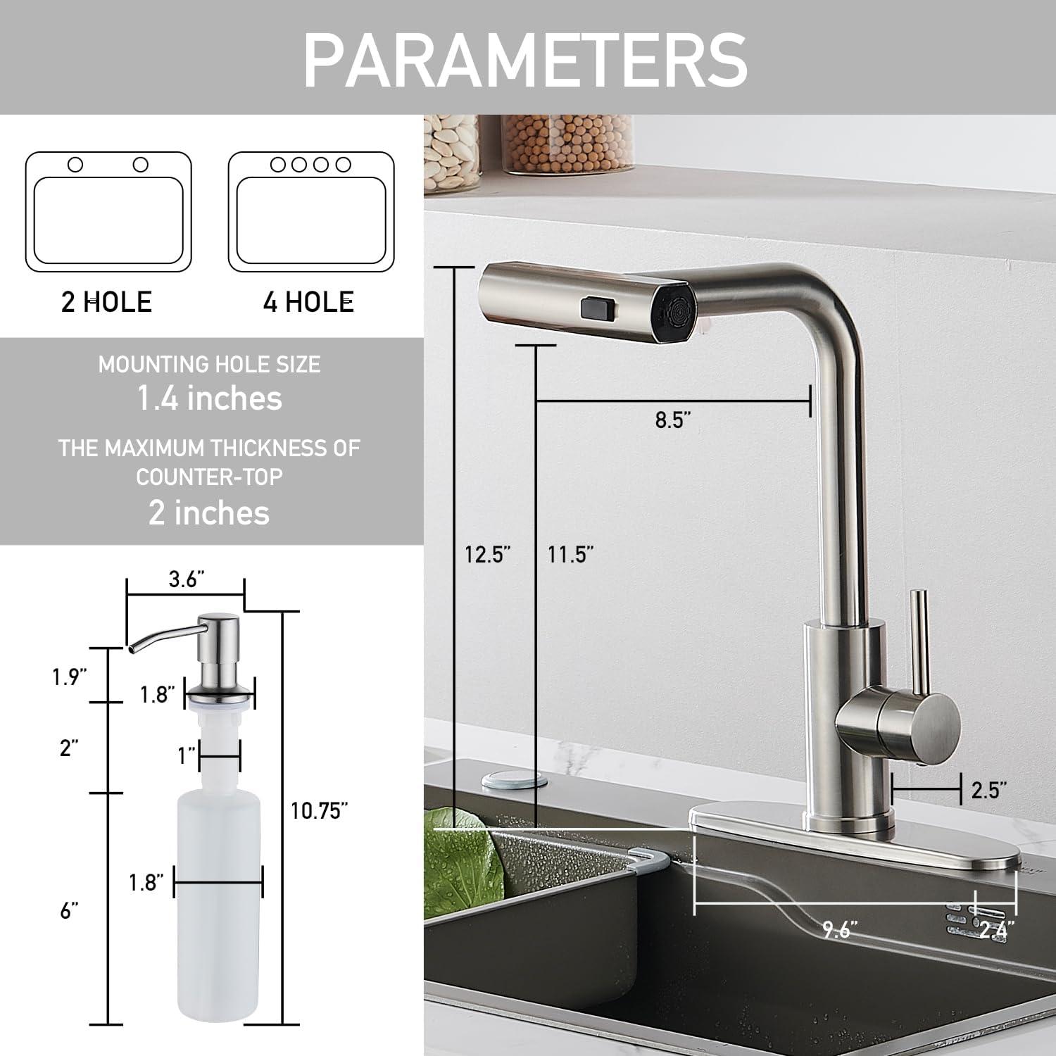 Luxury Waterfall Kitchen Faucet - Brushed Nickel Single Hole Sink Faucet with 3-Mode Pull-Out Sprayer, 360° Swivel, SUS304 Stainless Steel, High Arc, Easy Installation, Durable and Corrosion-Resistant