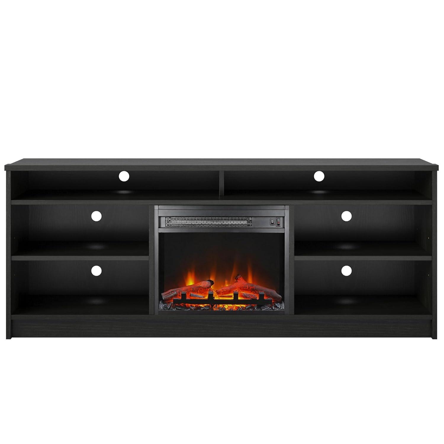 Ameriwood Home Hendrix Electric Fireplace Space Heater TV Stand for TVs up to 65" with 6 Shelves, Black Oak
