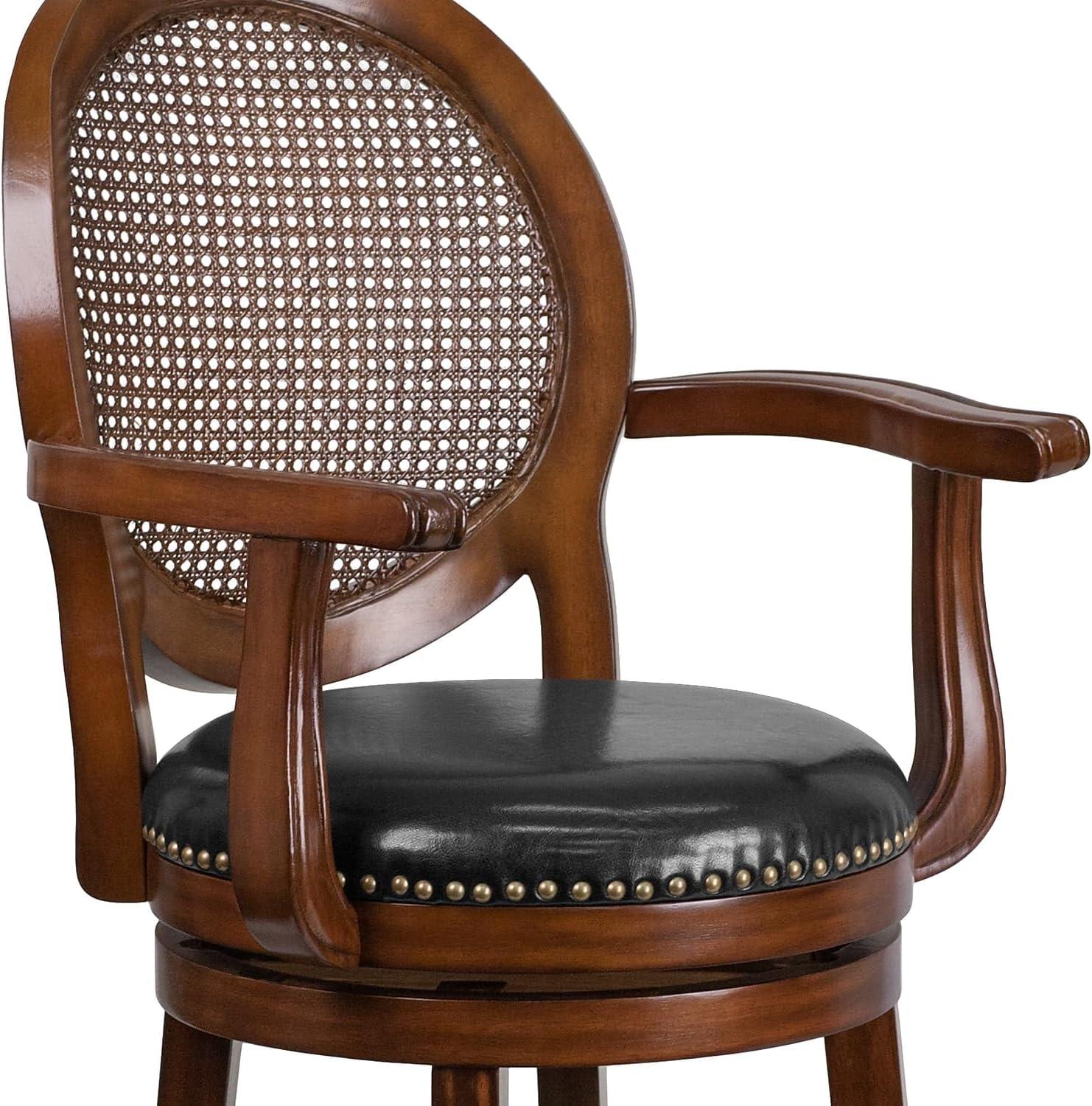 Flash Furniture 26'' High Expresso Wood Counter Height Stool with Arms, Woven Rattan Back and Black LeatherSoft Swivel Seat