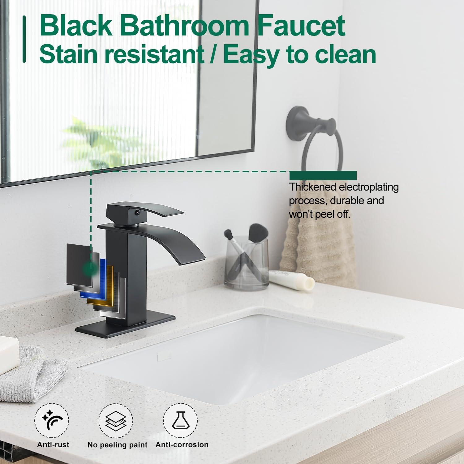 Matte Black Stainless Steel Waterfall Bathroom Faucet with Pop-Up Drain