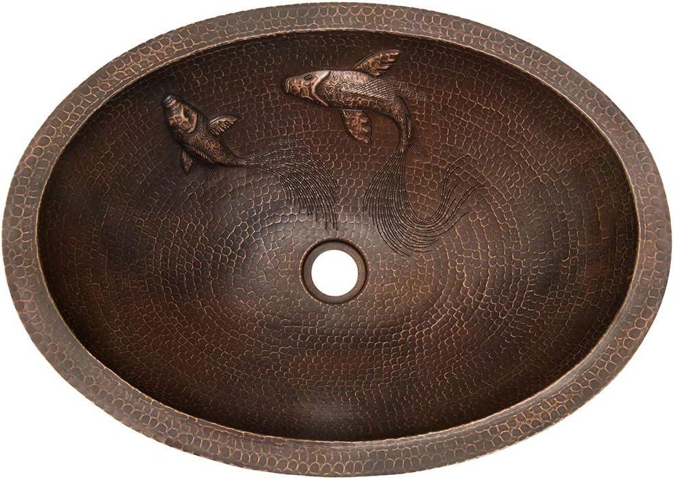 19" Oval Under Counter Hammered Copper Bathroom Sink with Koi Fish Design