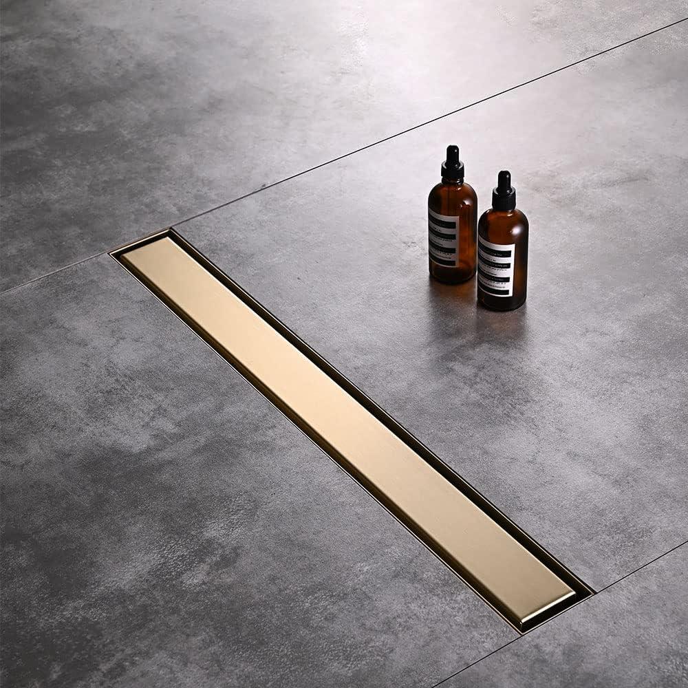 Linear Shower Floor Drain, Brushed Gold 30 Inch 304 Stainless Steel Bathroom Drains Kit, Rectangular Shower Trench Drain with Reversable Tile-in Pattern Drain Cover & Hair Catcher