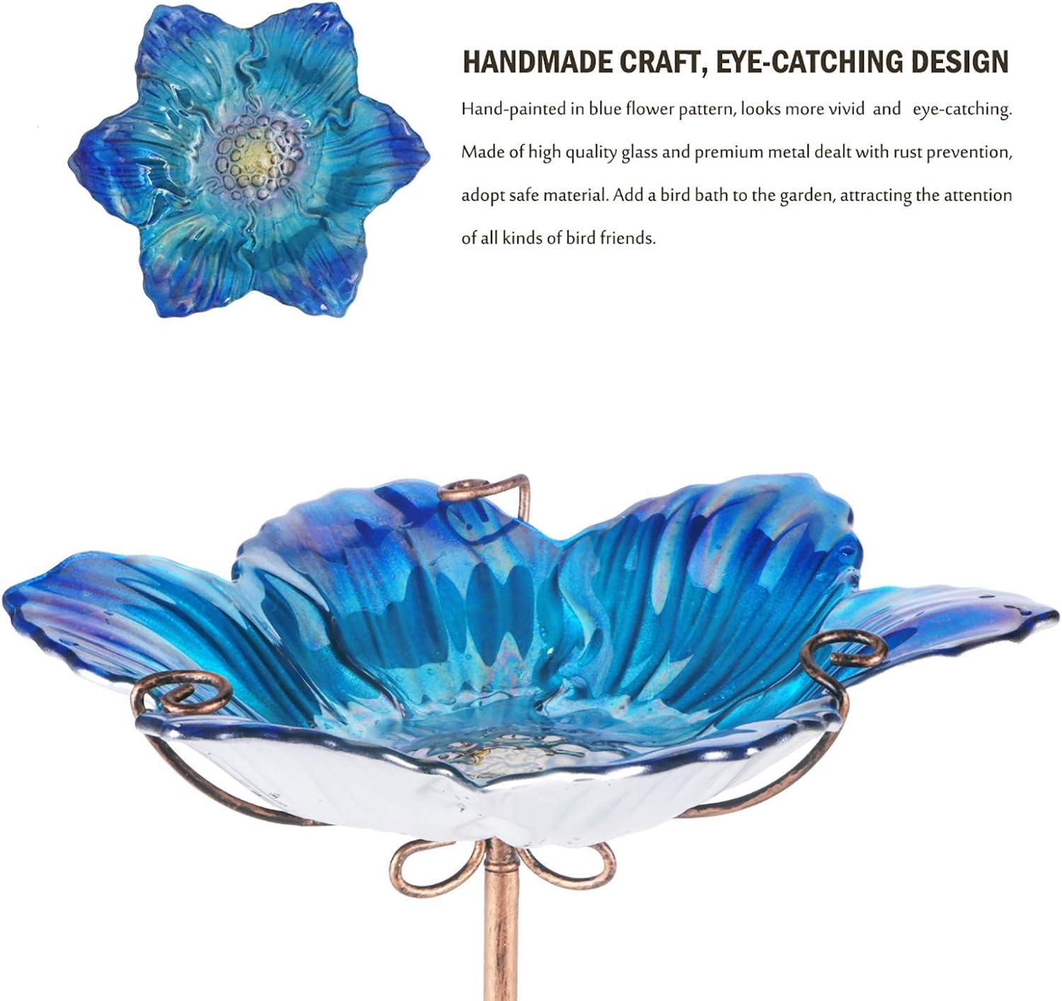 Blue Glass Flower Bird Bath with Metal Stake