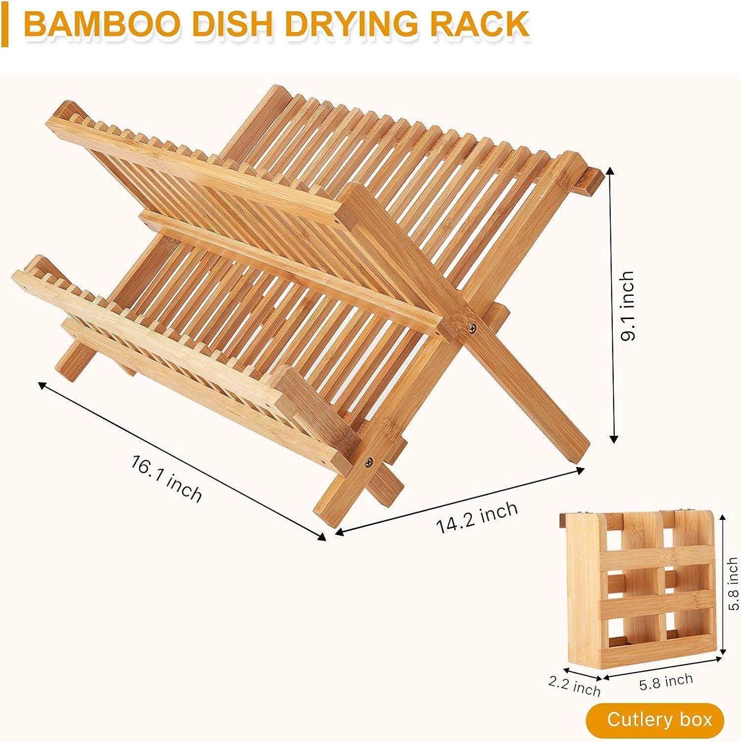 Foldable Bamboo 2-Tier Dish Drying Rack with Utensil Holder