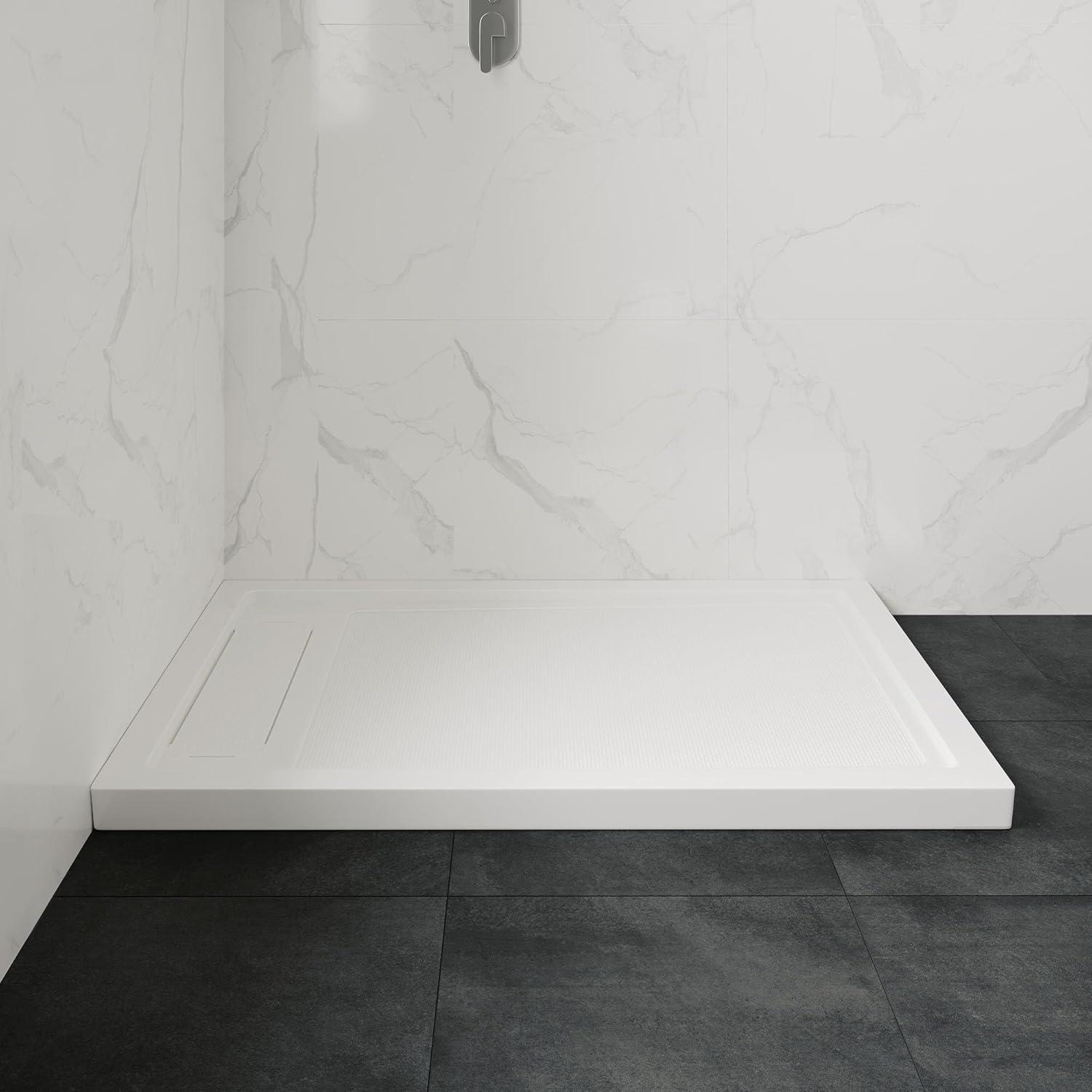 OVE Decors 48" x 36" Rectangle Shower Base Pan, White Acrylic, Hidden Side Drain, Reversible Design