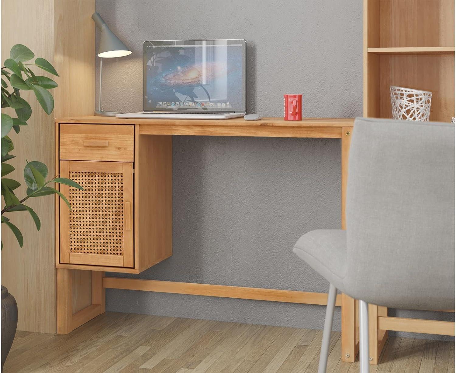 Natural Wood Writing Desk with Drawer and Filing Cabinet