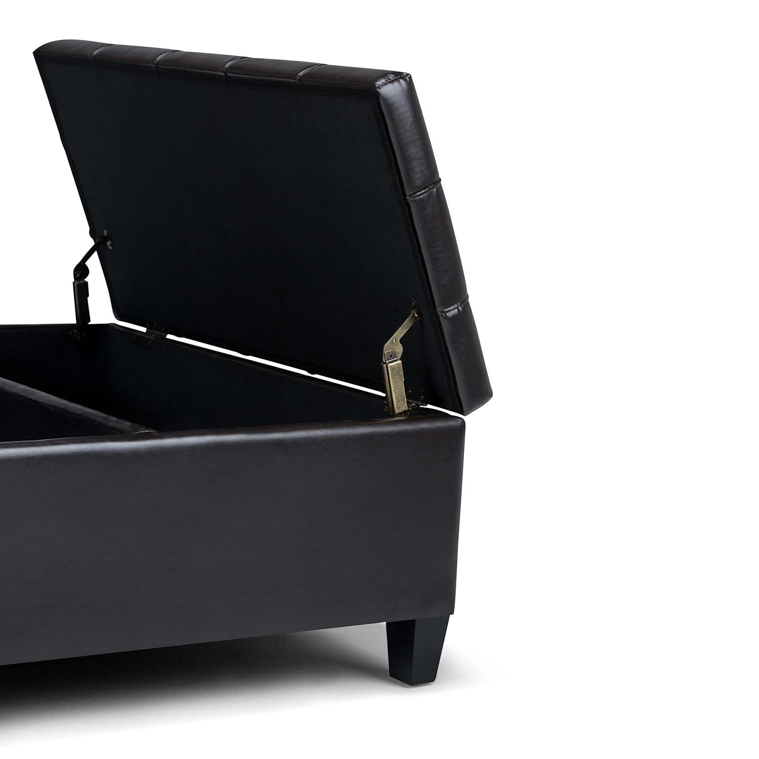 Simpli Home Harrison 36"W Upholstered Square Coffee Table Storage Ottoman with Split Lift Top