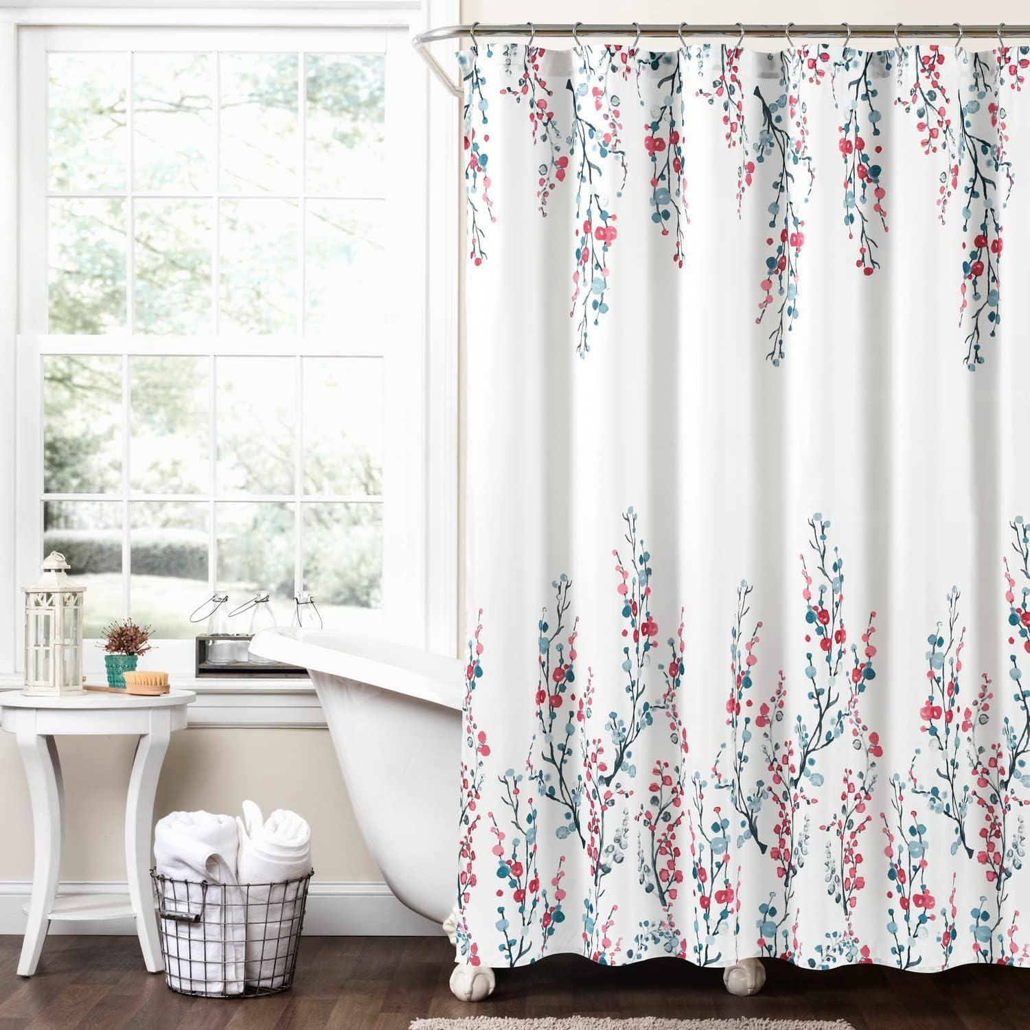 Mirabelle Watercolor Floral Polyester Shower Curtain in Blue and Coral