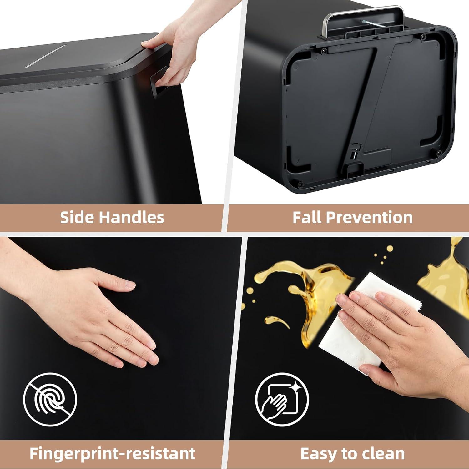 8 Gallon Kitchen Trash Can, Recycle Trash Can with Dual Removable Liners, Stainless Steel Dual Trash and Recycling Bin (4 + 4 for 8 Gallon Total), Rectangle, Black