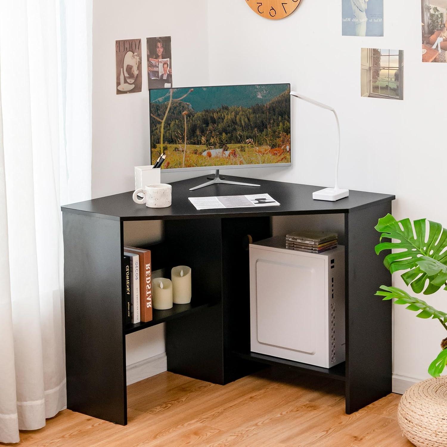 Costway Corner Computer Desk Triangle Writing Workstation w/ Storage Shelf Black