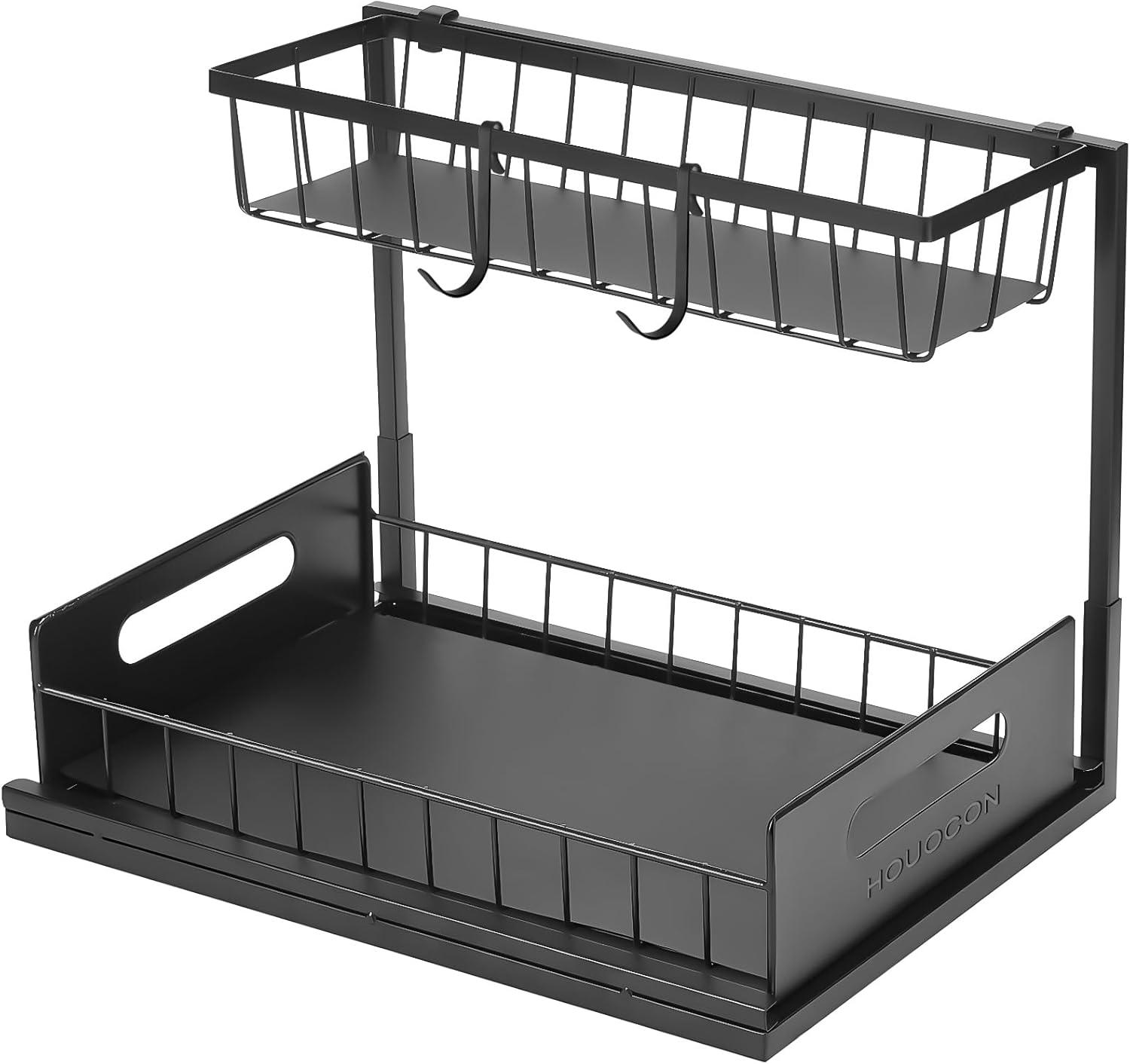 Black Metal 2-Tier L-Shaped Under Sink Organizer