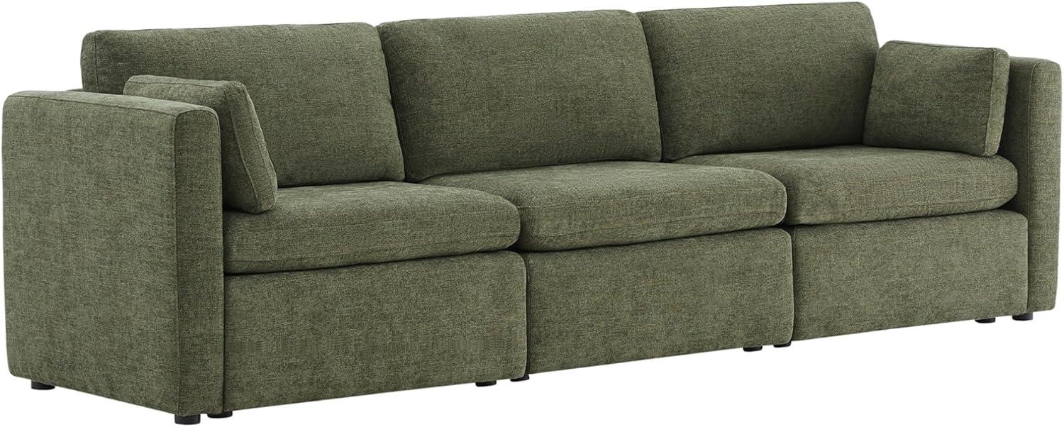 Moss Green Linen Three-Piece Modular Sofa with Ottoman