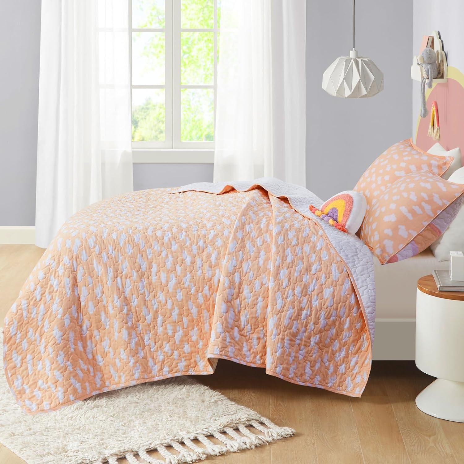Intelligent Design Kids Dawn Sunshine Clouds Yellow/Coral 100% Cotton Reversible Quilt Set Full/Queen