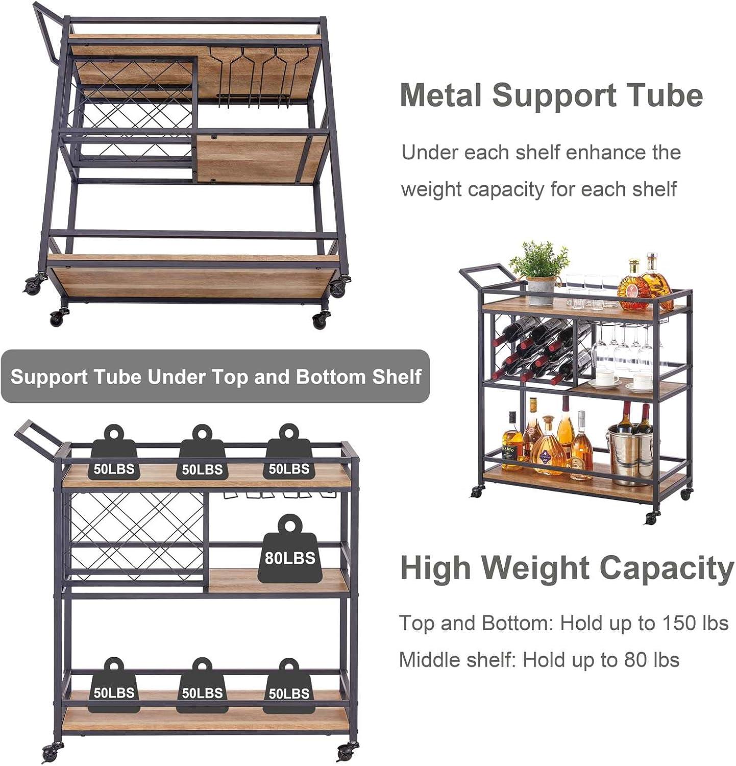 Rustic Oak 3-Tier Rolling Bar Cart with Wine Rack and Glass Holder