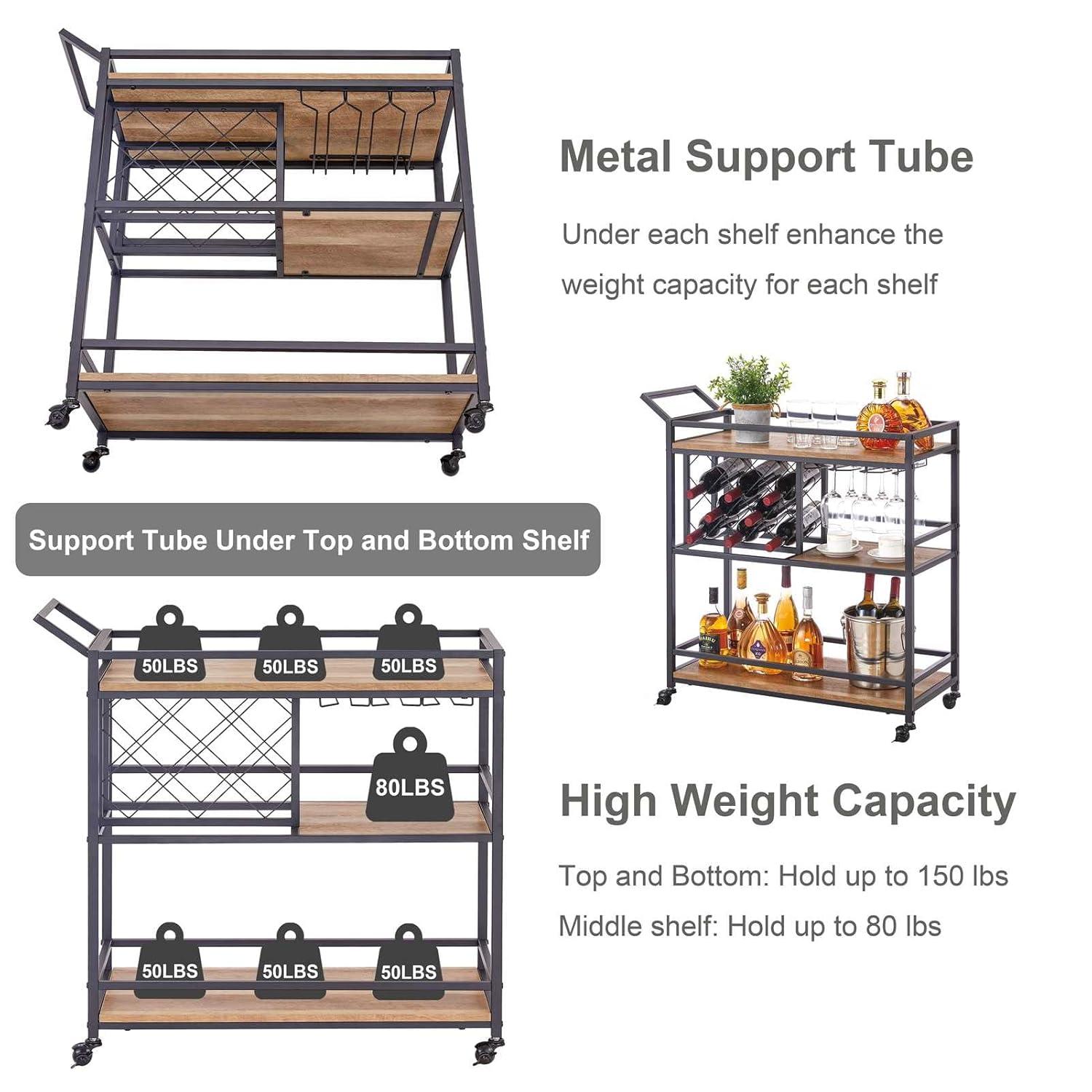 17 Stories Bar Cart For The Home, Rolling Wine Carts On Wheels With 3 Tier Wood Shelves, Liquor Beverage Cart With Wine Rack And Glass Holder