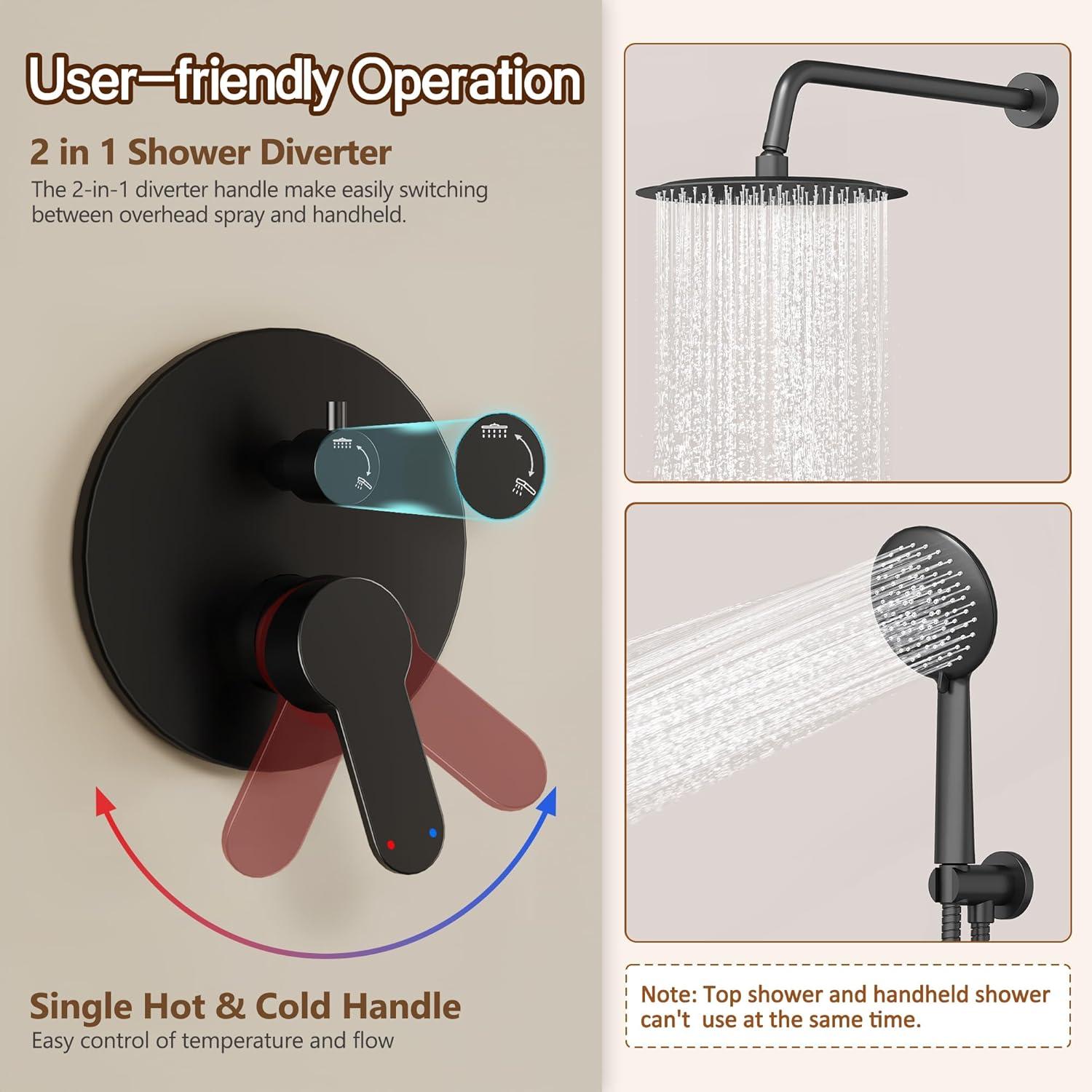 Shower System Shower Faucet Sets for Bathroom with High Pressure 10-inch Rain Shower head and Handheld Shower Head and Brass Valve Inclued, Matte Black