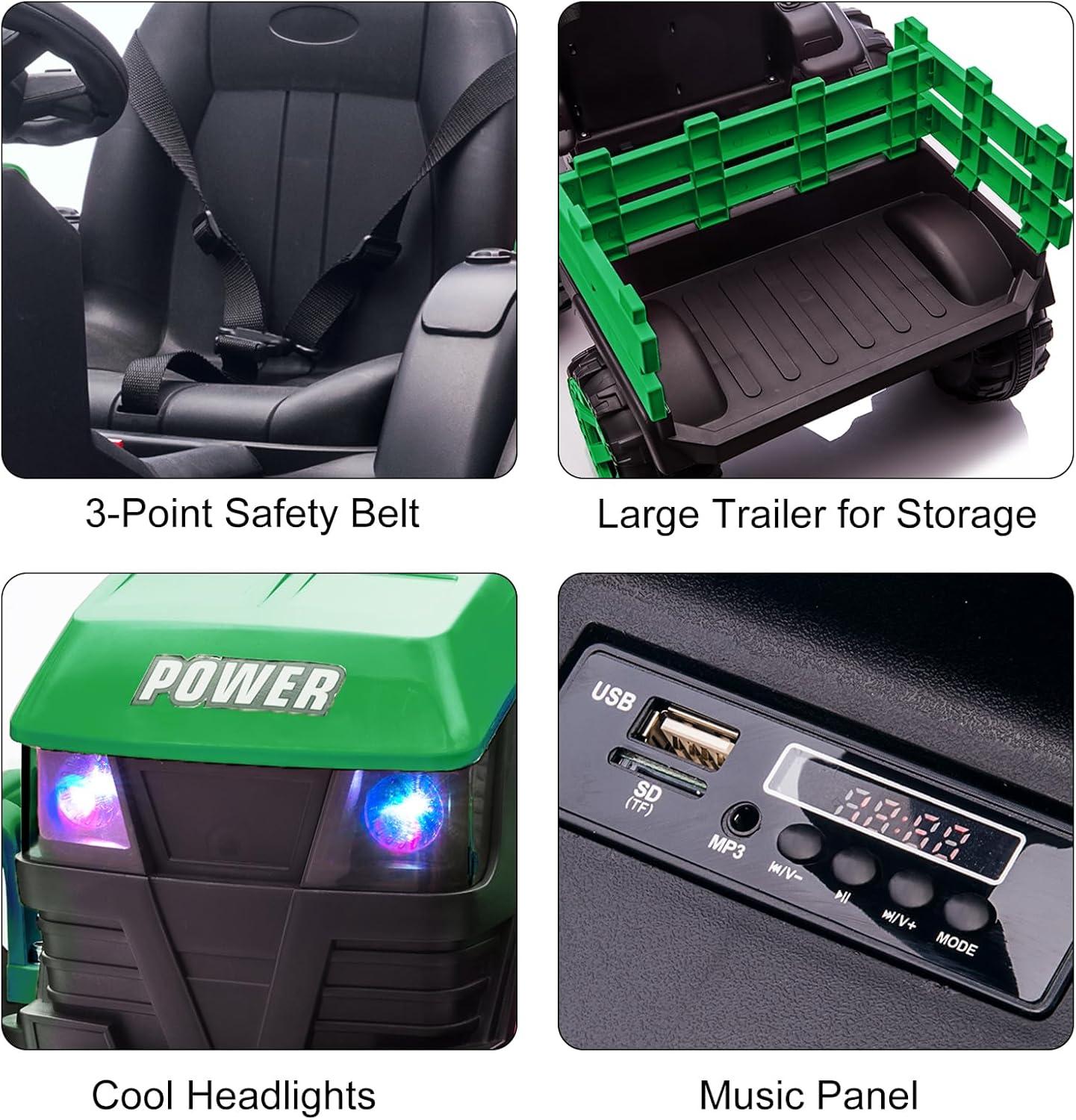 Yesurprise 12v Kids Ride On Tractor With Trailer Battery Powered Electric Vehicles Toy With 35w Dual Motor Remote Control 6 Wheels Led Lights Music