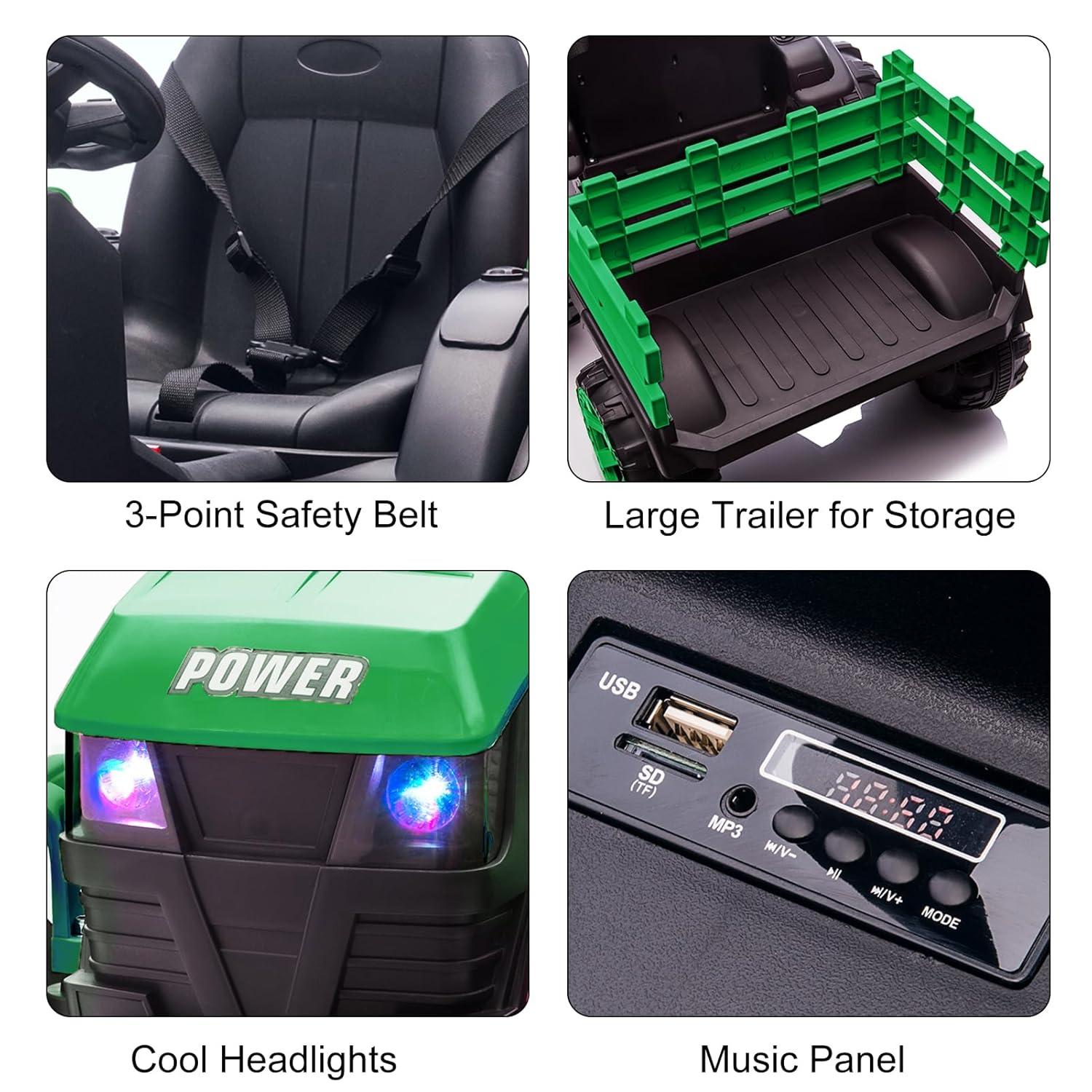 Yesurprise 12v Kids Ride On Tractor With Trailer Battery Powered Electric Vehicles Toy With 35w Dual Motor Remote Control 6 Wheels Led Lights Music