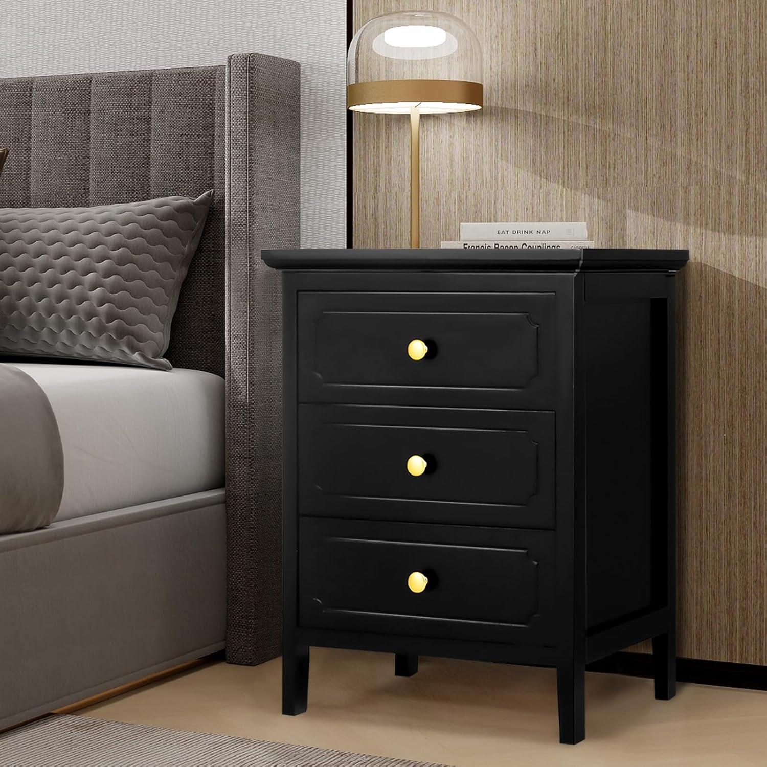 3 Drawer Nightstand Black Large Night Stands with Drawer 19 Inch Modern Bedside Table for Bedrooms Wooden