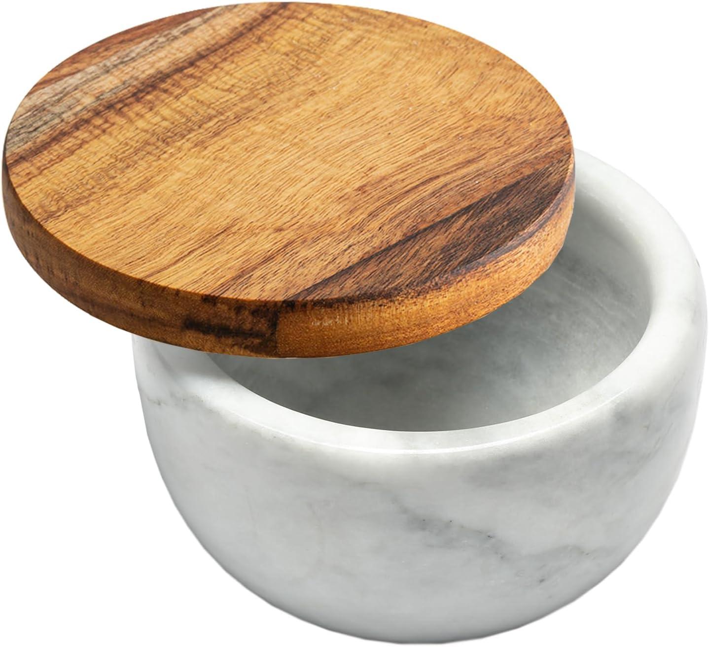 salt cellar salt box large big size salt holder white Marble Base Wood Cover Salt Box Salt Cellar with spoon Decorative Boxes Big Capacity Salt Container Spice Cellar salt and pepper keeper