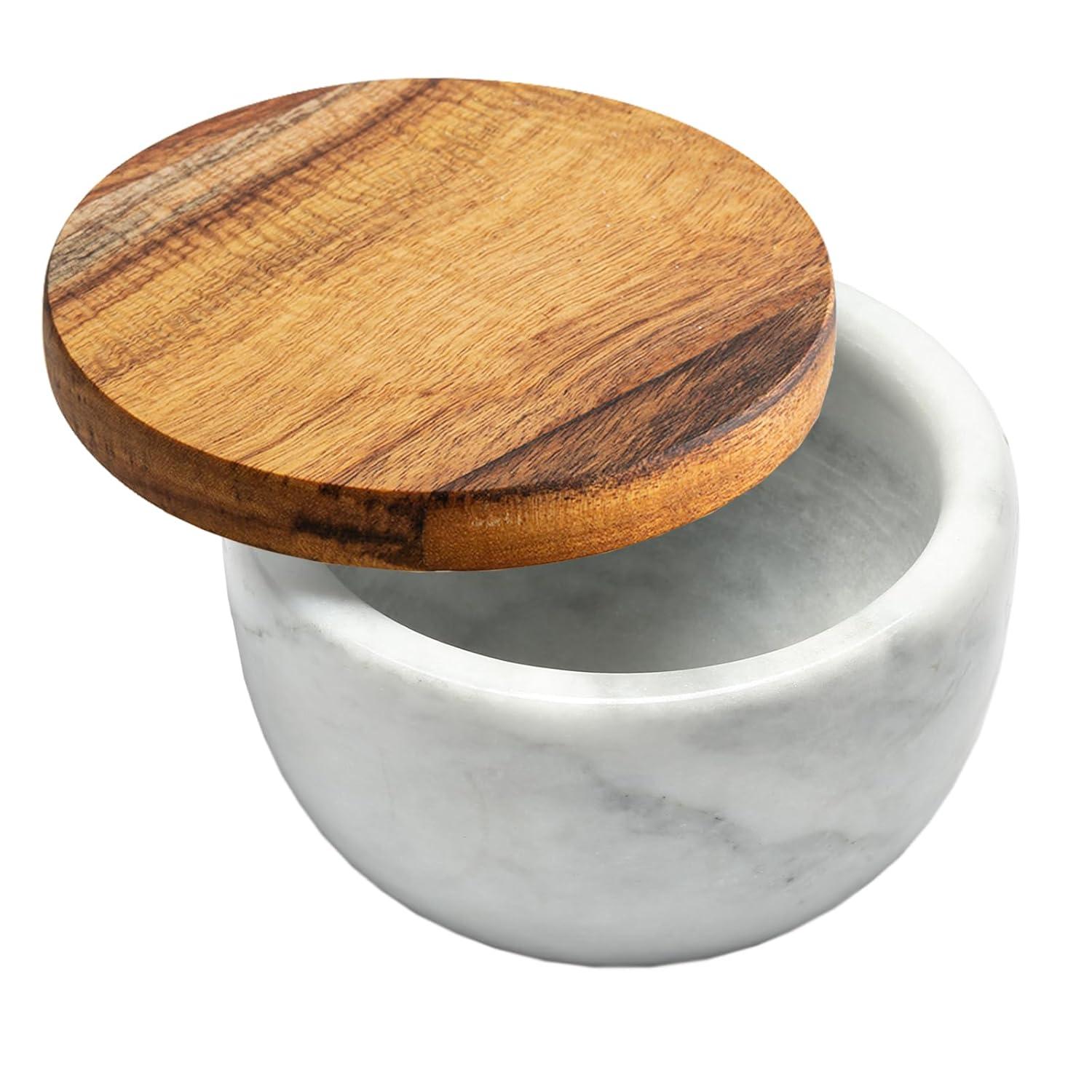 salt cellar salt box large big size salt holder white Marble Base Wood Cover Salt Box Salt Cellar with spoon Decorative Boxes Big Capacity Salt Container Spice Cellar salt and pepper keeper